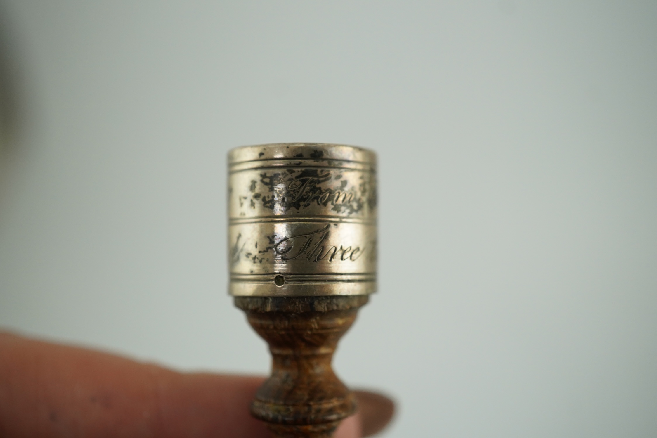 Australian Interest - an antique silver mounted treen miniature tipstaff inscribed 'William Raven, Commander Ship Britannia, From Feby 1792 to June 1797 - Three Times Round the World'. 6cm high. Condition - good